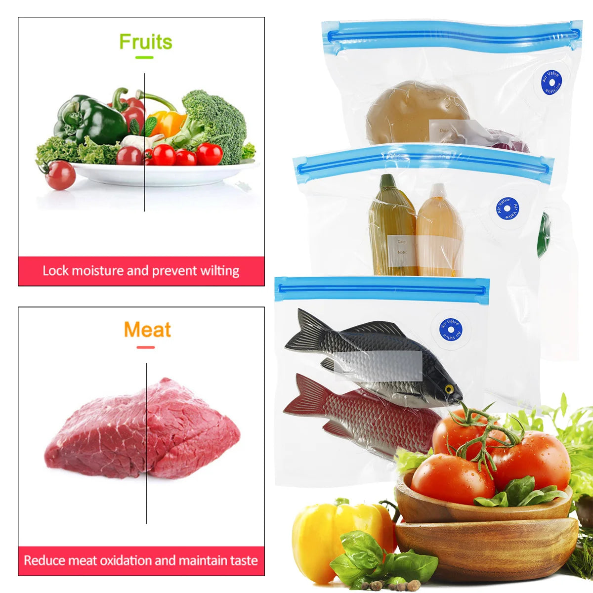 20Pcs Reusable Vacuum Food Storage Bags with Hand Pump Food-Grade Plastics Sous Vide Bags Set for Food Storage and Cooking