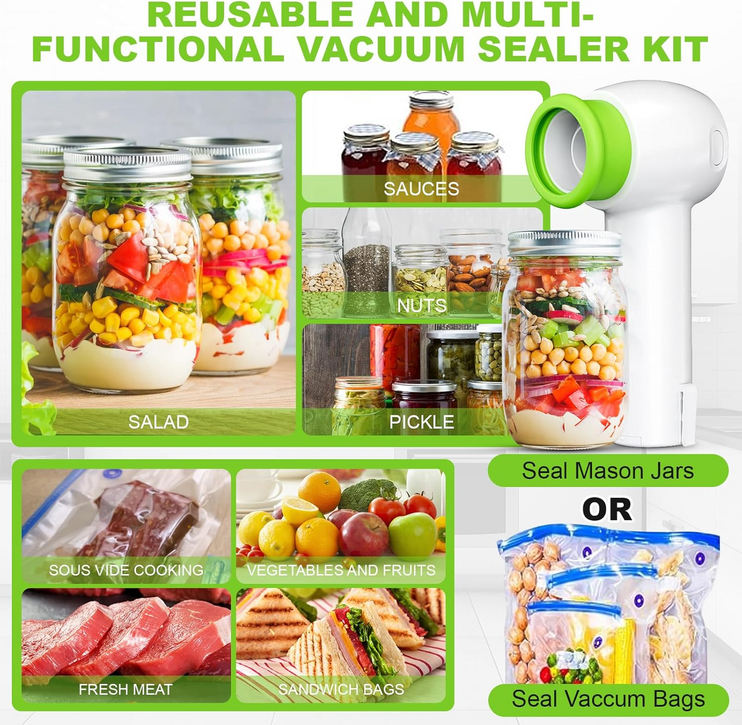 Vaclio 4-in-1 Portable Handheld Electric Mason Jar Vacuum Sealer