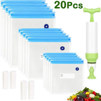20Pcs Reusable Vacuum Food Storage Bags with Hand Pump Food-Grade Plastics Sous Vide Bags Set for Food Storage and Cooking