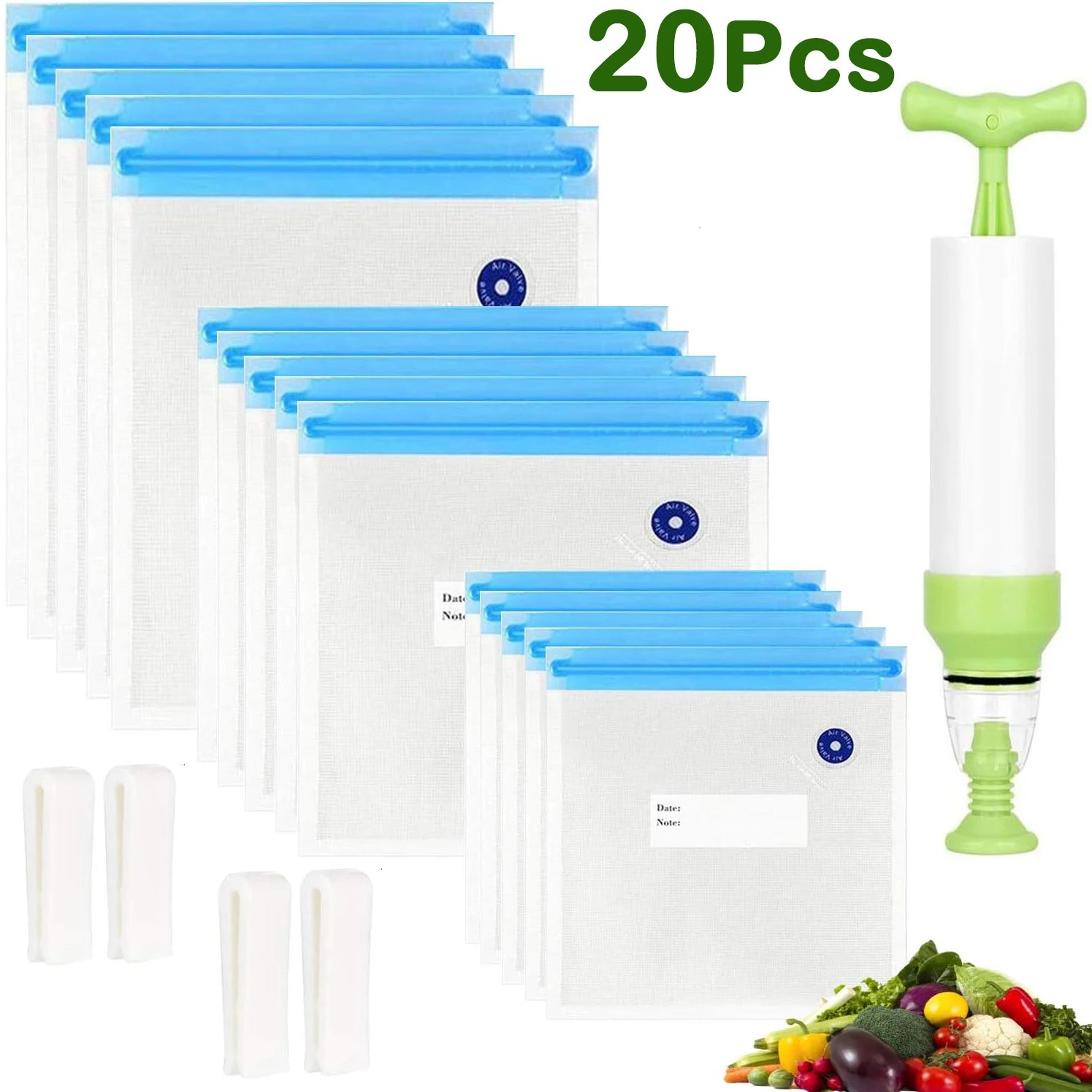 20Pcs Reusable Vacuum Food Storage Bags with Hand Pump Food-Grade Plastics Sous Vide Bags Set for Food Storage and Cooking